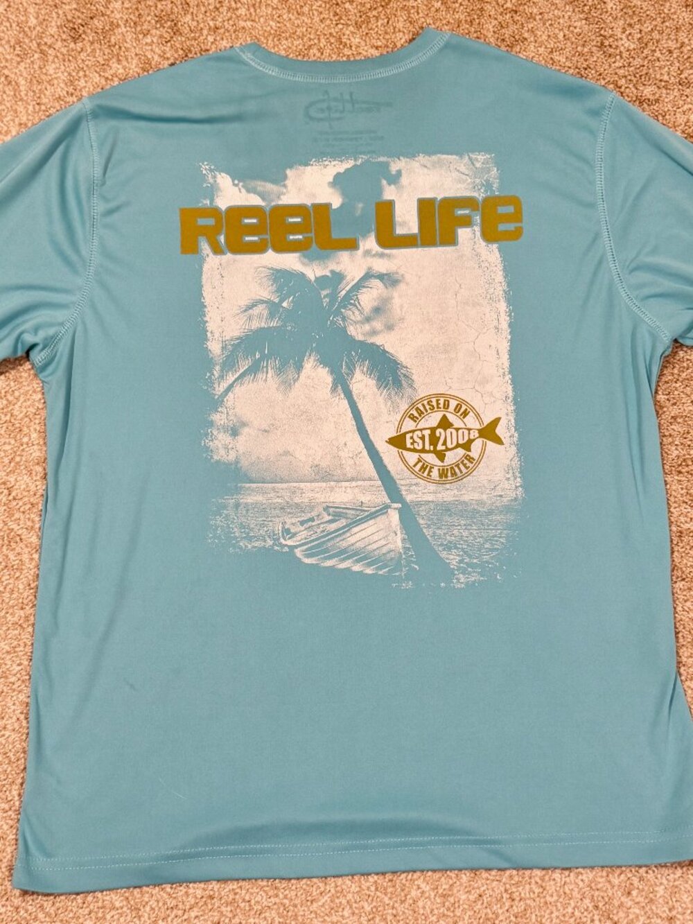 Mens Medium Reel Life Aqua Blue Long Sleeve Fishing Shirt Rash Guard